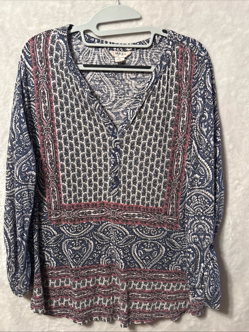 Style & Co. Blue and Pink Paisley Print V-Neck Button-Front Blouse